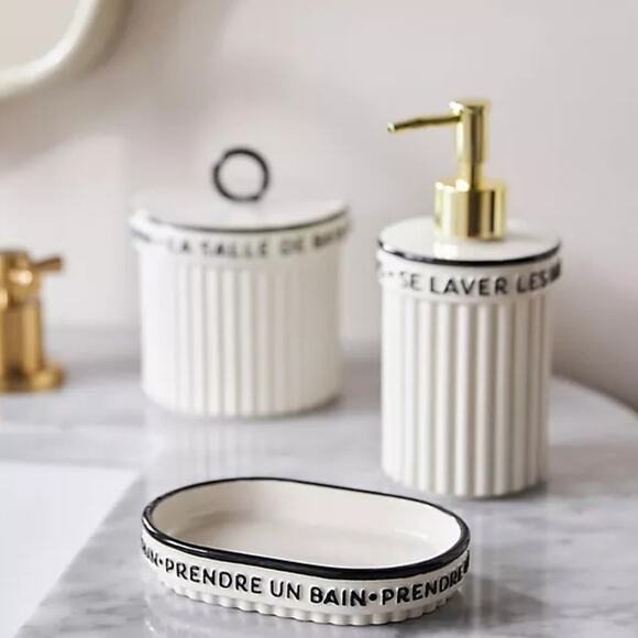 Anthropologie White Ceramic Claudette Gold Tone Soap Dispenser - Picture 1 of 6